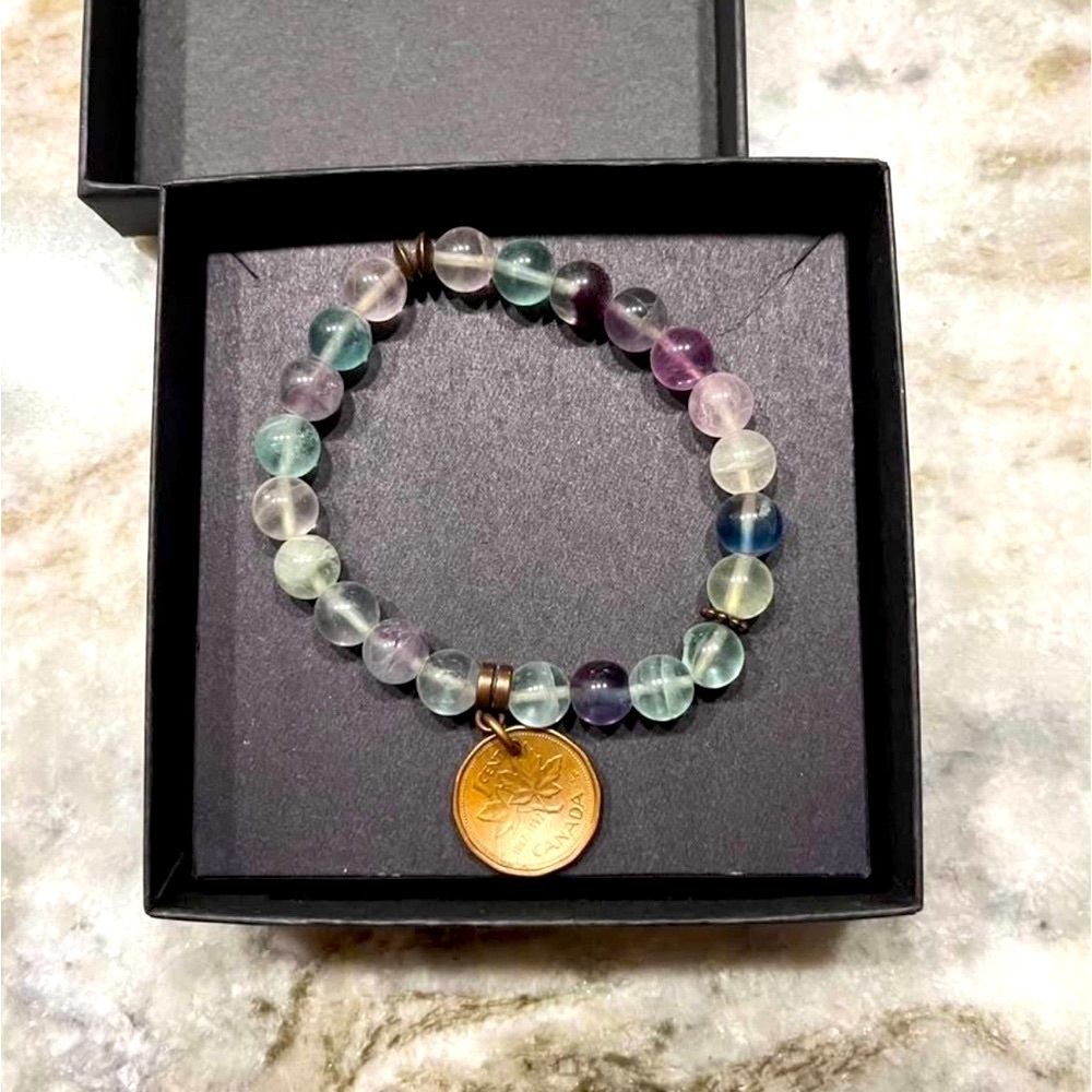Penny bracelet. Stretch. Natural stone beads. Purple. Teal. Pink. Comfortable